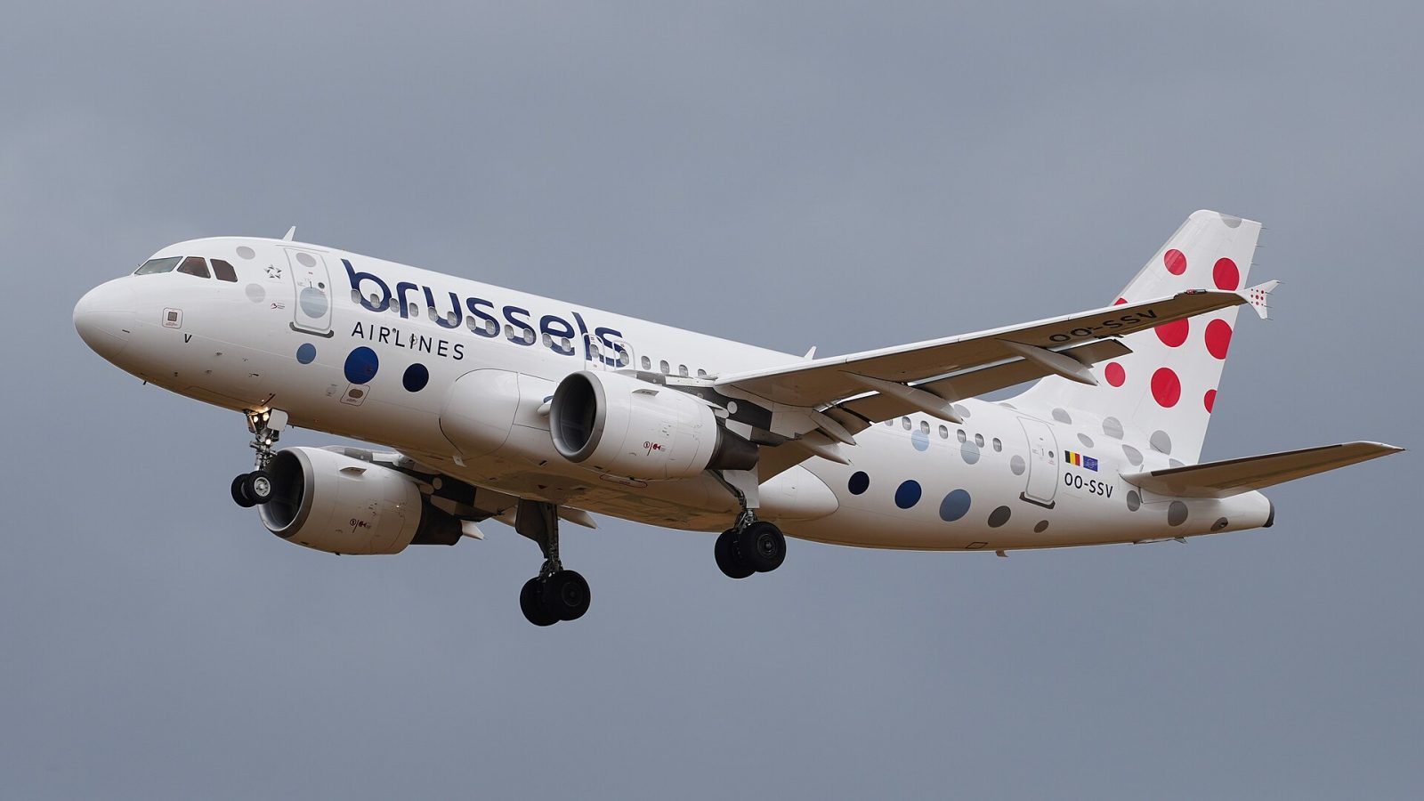 Der Airbus A319-111 der Fluggesellschaft Brussels Airlines mit dem Kennzeichen OO-SSV im Landeanflug auf die B