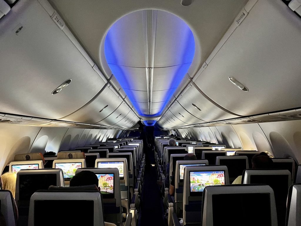 Economy class cabin interior of Boeing 737 MAX aircraft of Flydubai, 2022