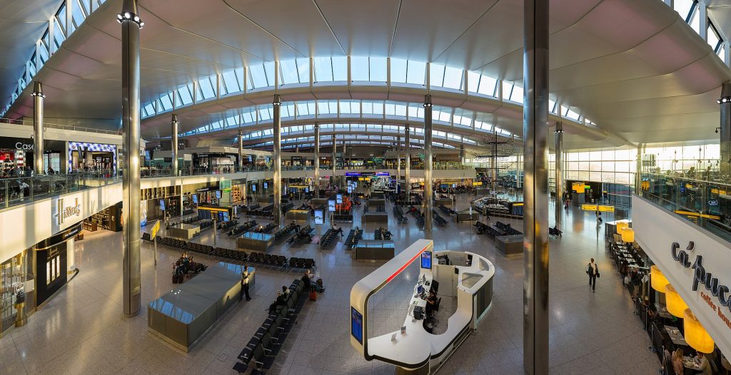 The central departures waiting area of Heathrow Terminal 2 (Queen's Terminal) in London, England. It was opene