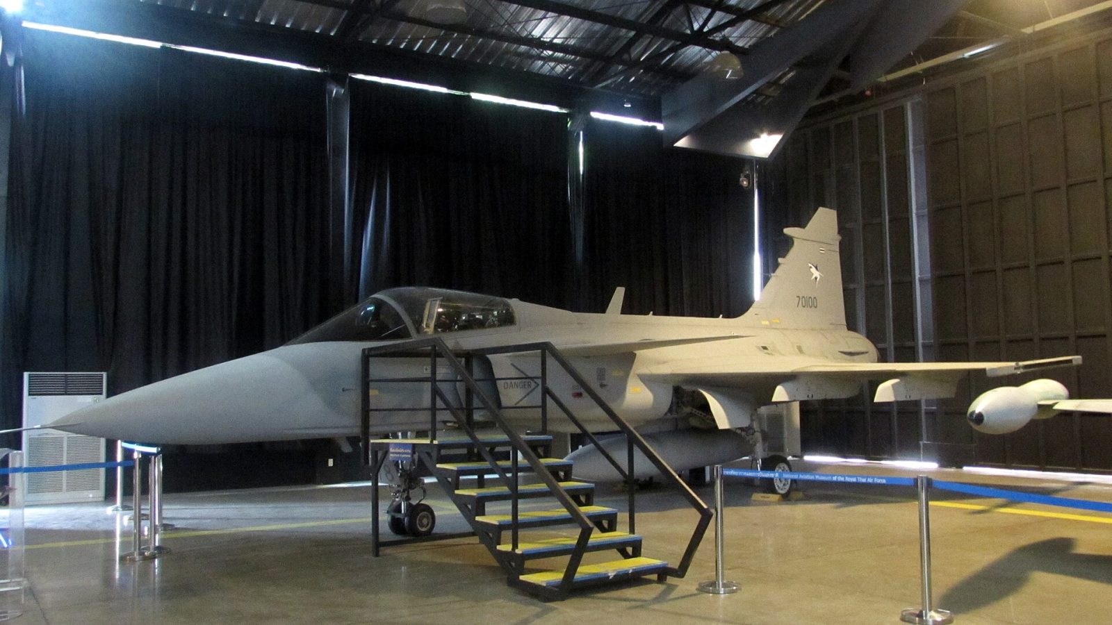 Queen Suthida: Far Right Side view of a JAS-39C Gripen of the Royal Thai Air Force. Photo taken at the Royal Thai Air Force M