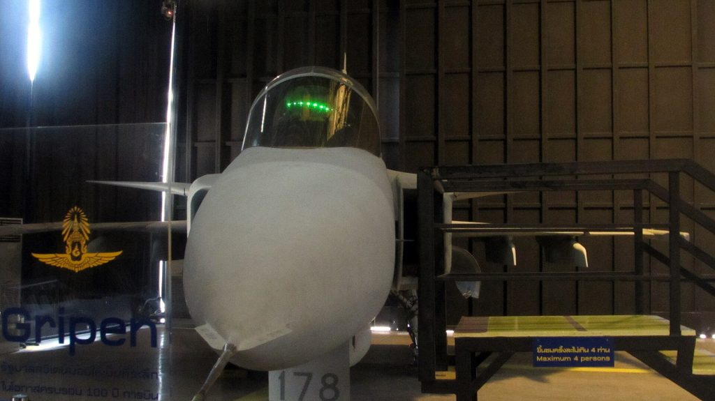 Queen Suthida: Front view of a JAS-39C Gripen of the Royal Thai Air Force. Photo taken at the Royal Thai Air Force Museum.