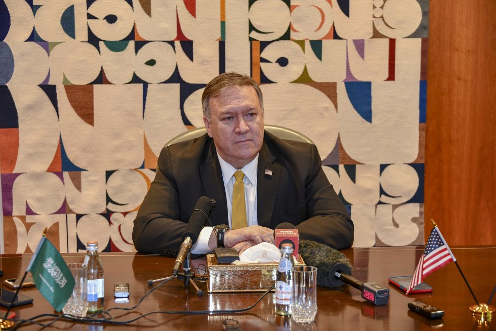 Riyadh airport: U.S. Secretary of State MIchael R. Pompeo speaks at a press conference at King Khalid International Airport Ro