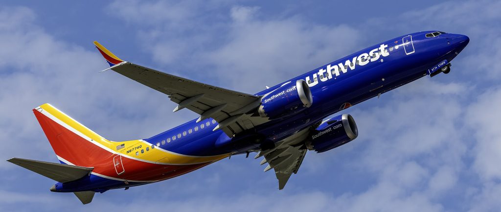 Boeing 737 MAX: 2023 Southwest Airlines Boeing 737-8 MAX N8774Q taking off at Baltimore-Washington International Thurgood Mars