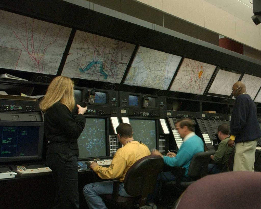 FAA air traffic controllers: Air route traffic controllers at work at the Washington ARTCC.