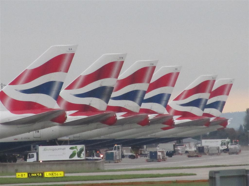 British Airways tier points: Tails of British Airways Jumbos lined up near terminal 5 at Heathrow