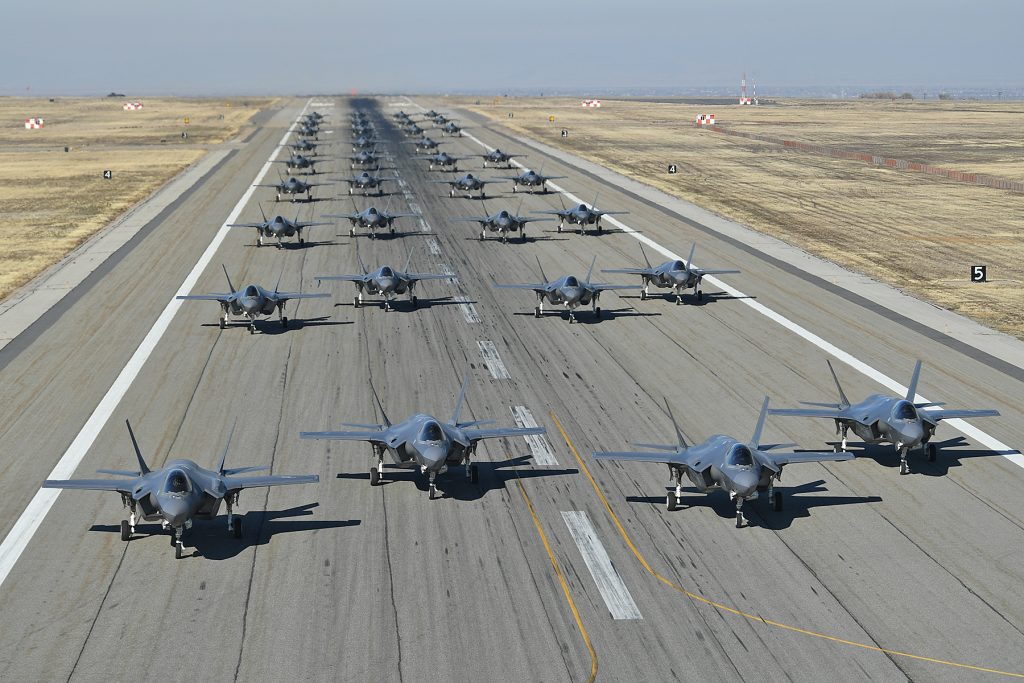 CF-35A: Pilots from the 388th and 419th Fighter Wings taxi F-35As on the runway in preparation for a combat power exer