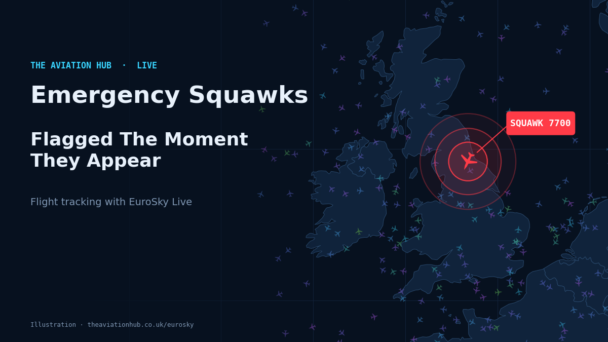 Flight tracking comes to The Aviation Hub with EuroSky, a real time map of every aircraft over Europe, the UK and Ireland with emergency squawk alerts.