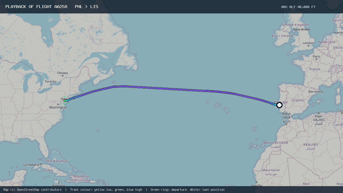 Flight path of AA258 from PHL to LIS on 10 October 2026