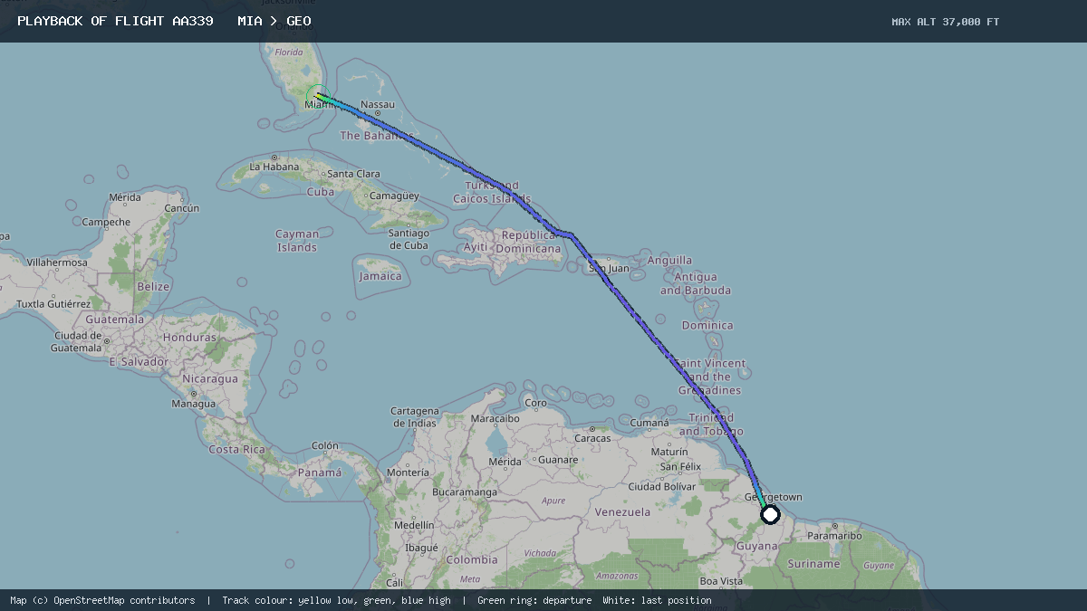 Flight path of AA339 from MIA to GEO on 23 October 2026