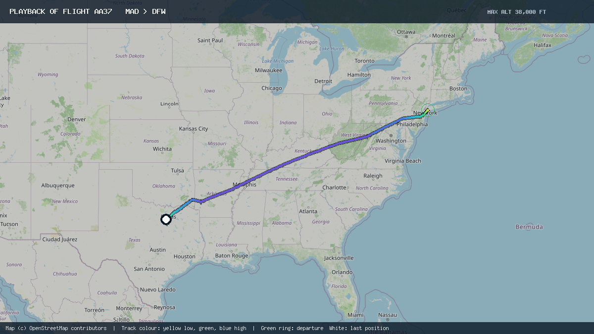 Flight path of AA37 from MAD to DFW on 6 October 2026