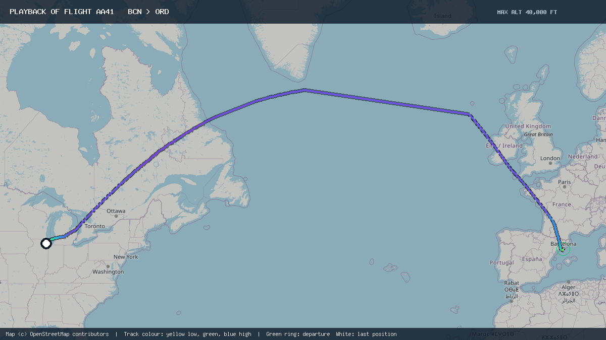 Flight path of AA41 from BCN to ORD on 20 October 2026