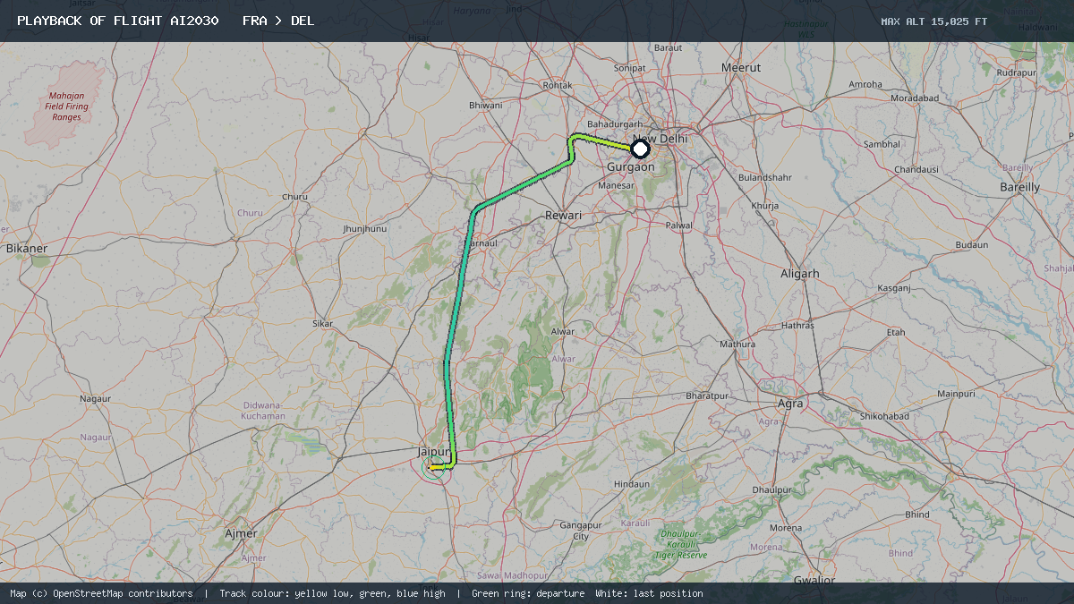 Flight path of AI2030 from FRA to DEL on 14 October 2026