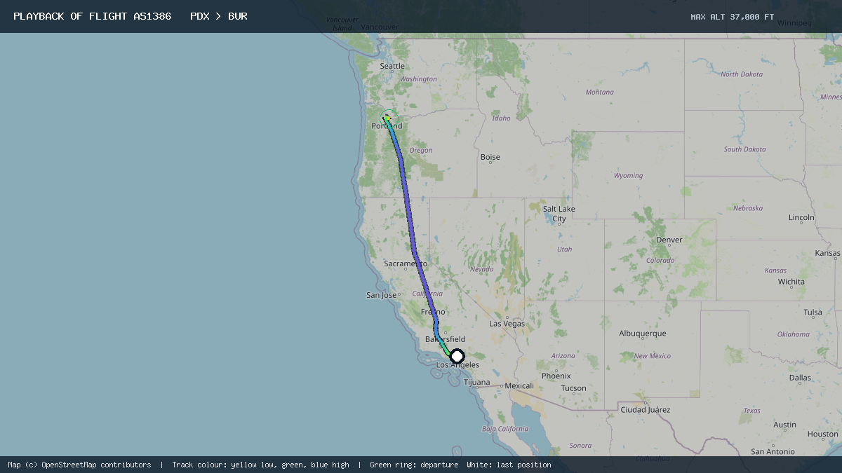 Flight path of AS1386 from PDX to BUR on 24 October 2026