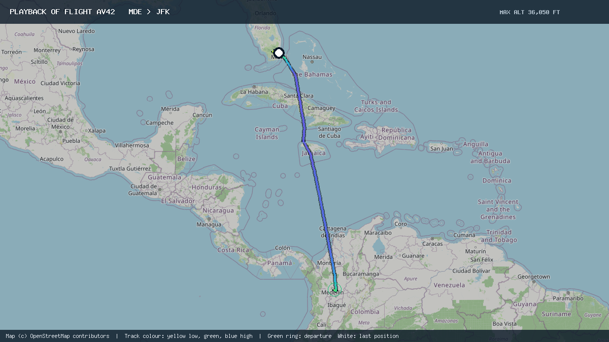 Flight path of AV42 from MDE to JFK on 9 October 2026