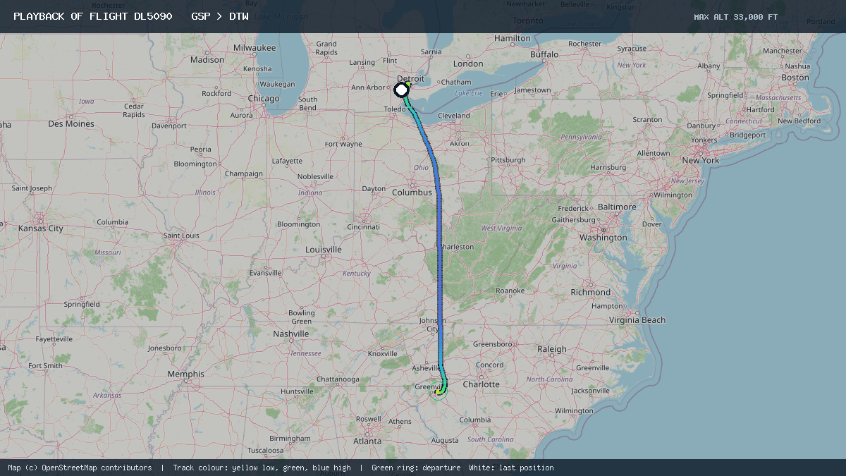 Flight path of DL5090 from GSP to DTW on 13 October 2026