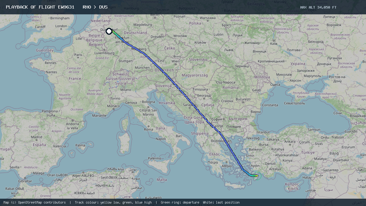 Flight path of EW9631 from RHO to DUS on 18 October 2026