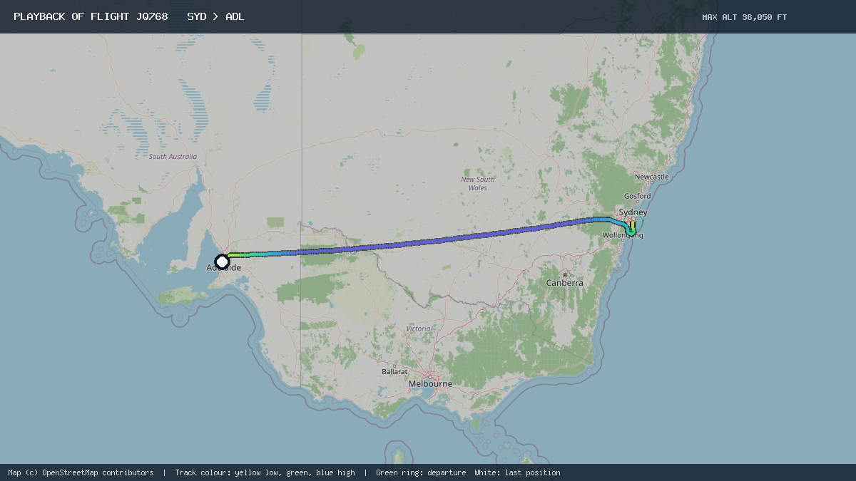 Flight path of JQ768 from SYD to ADL on 16 October 2026