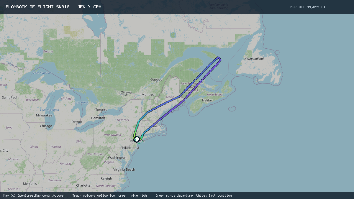 Flight path of SK916 from JFK to CPH on 23 October 2026