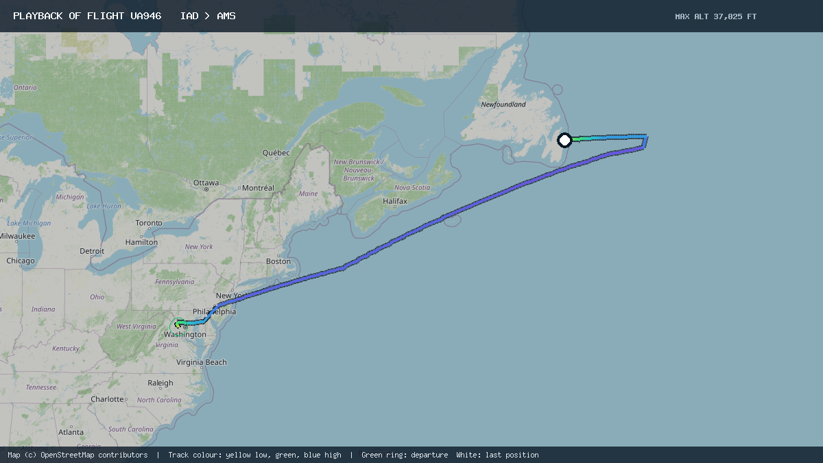 Flight path of UA946 from IAD to AMS on 12 October 2026