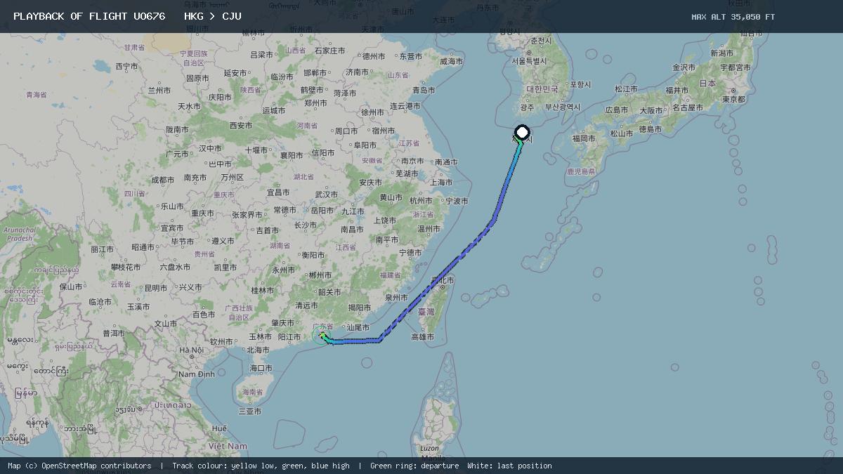 Flight path of UO676 from HKG to CJU on 25 October 2026